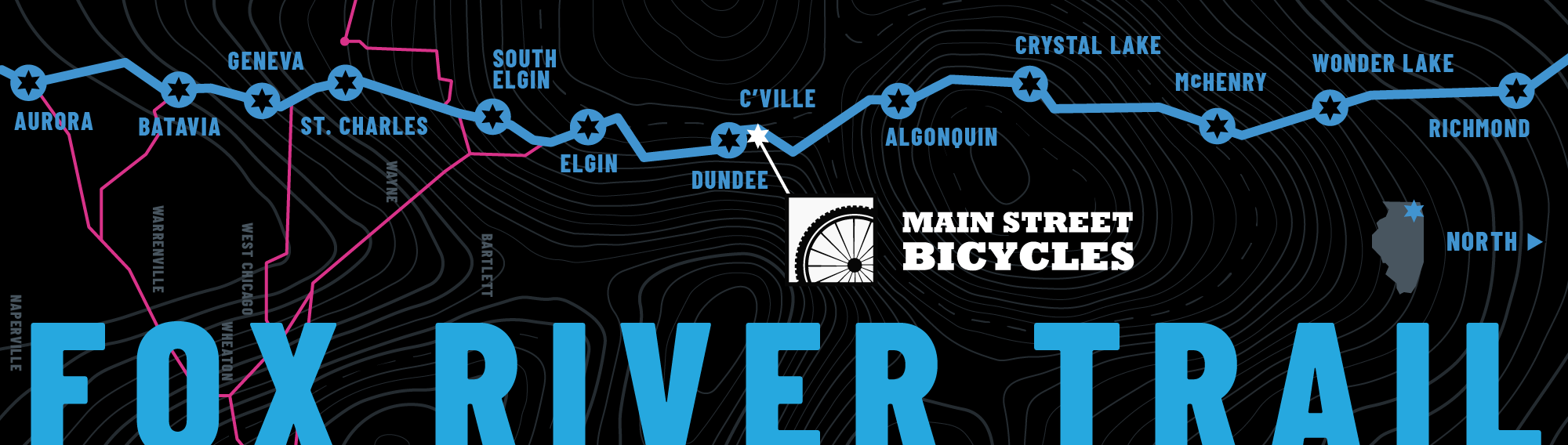 Fox River Trail map from aurora to wisconsin showing city names along the trail